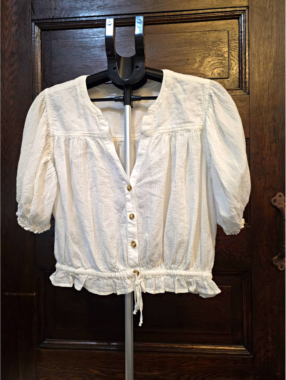 Free People White Woven Cotton Puff Sleeve Button Front XL